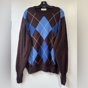 Hawick Cashmere Made in Scotland Classic Crewneck  Sweater - Blue and Brown